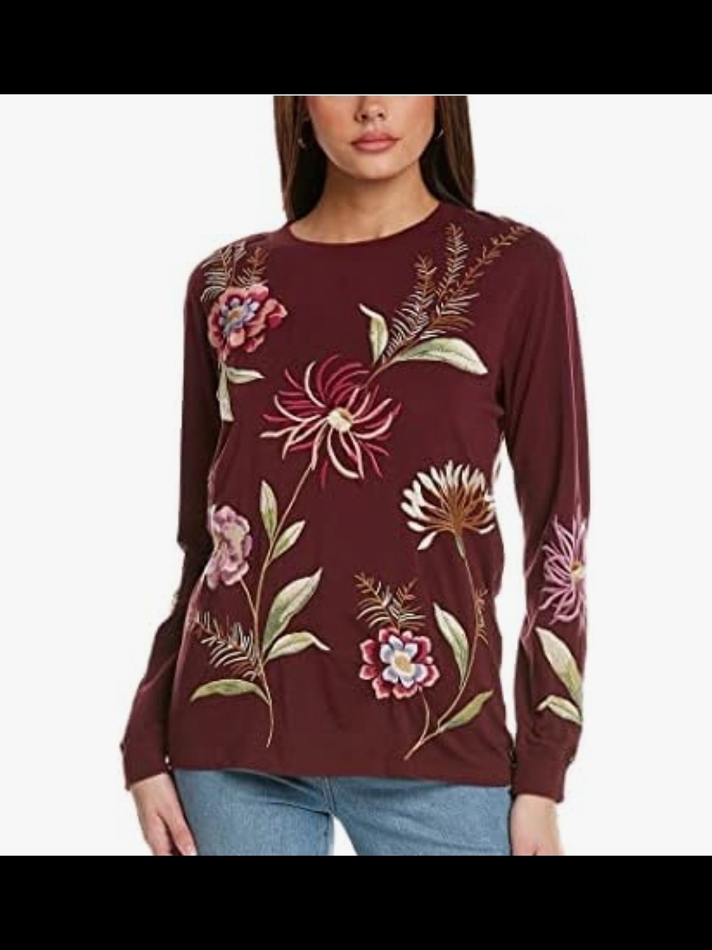 Women's Floral Embroidered Long-Sleeve Top - Burgundy